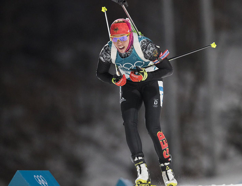 Laura Dahlmeier skis during the biathlon event.