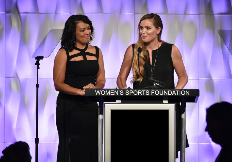 Angela Hucles and Skier Grete Eliassen speak onstage at the 37th Annual Salute To Women In Sports Gala