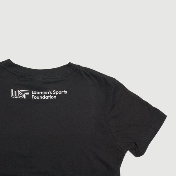 Back of black t-shirt with "Women's Sports Foundation" printed below the collar.