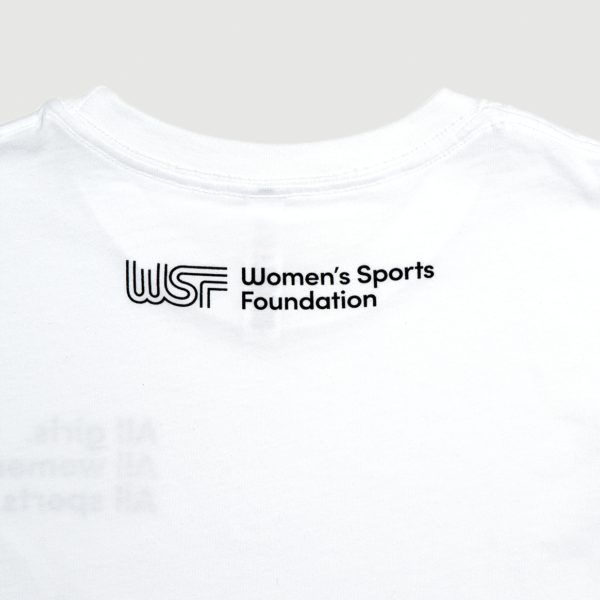 Back of white t-shirt with "Women's Sports Foundation" printed below the collar.