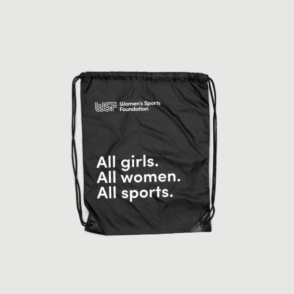 Black drawstring bag with the WSF logo and "All girls. All women. All sports." printed on it.