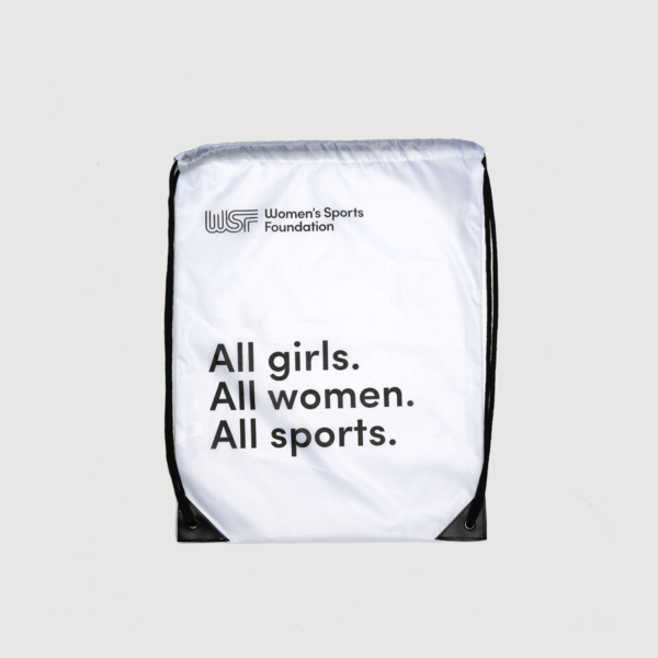 White drawstring bag with the WSF logo and "All girls. All women. All sports." printed on it.