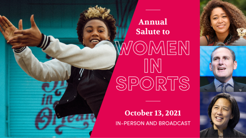 Image of a woman and girl leaping in the air along with 2021 Salute honorees