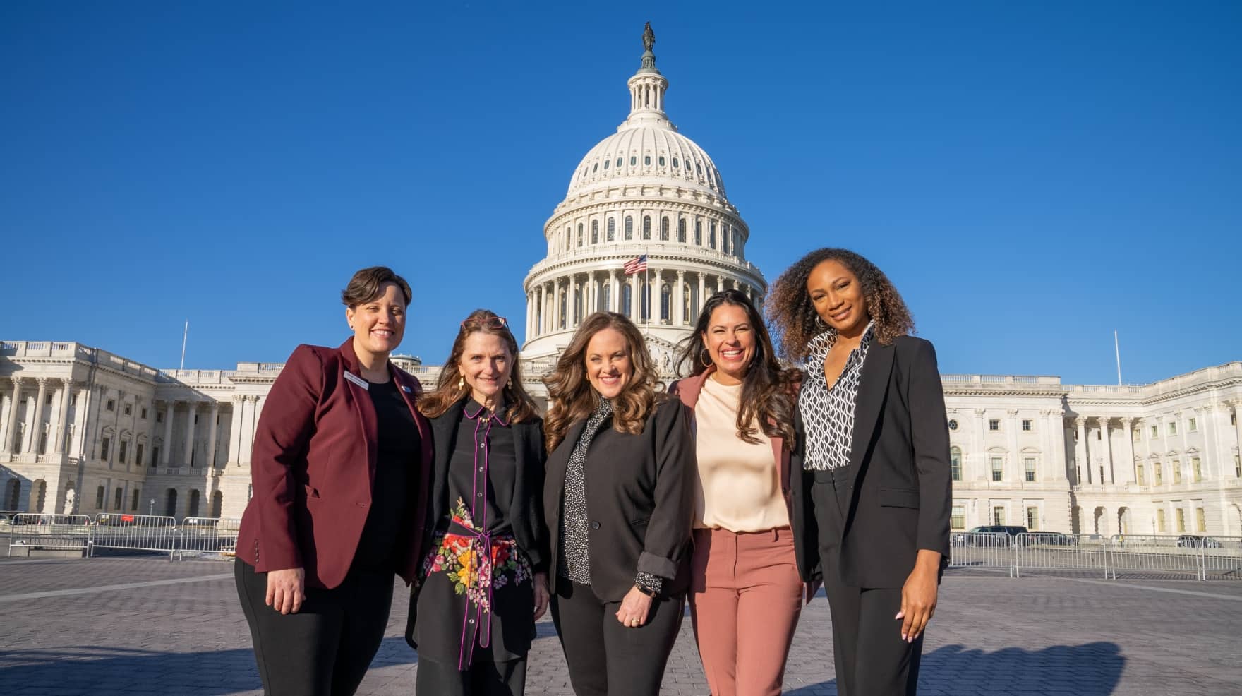 WSF Past President Jessica Mendoza joins the Women’s Sports Foundation to honor National Girls & Women in Sports Day in Washington, D.C. on February 7, 2024. [L-R: WSF VP Advocacy, Sarah Axelson, WSF Trustee Emeritae Jayma Meyer, WSF CEO Danette Leighton, Jessica Mendoza, WSF Trustee Ari Chambers] (Photo by Adam Reist/Dare to Be Films for WSF)