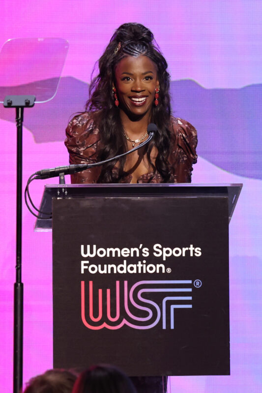 Alysia Montaño accepts the Wilma Rudolph Courage Award onstage during the 2025 Women's Sports Foundation's Annual Salute To Women In Sports at Cipriani Wall Street on October 22, 2025 in New York City.